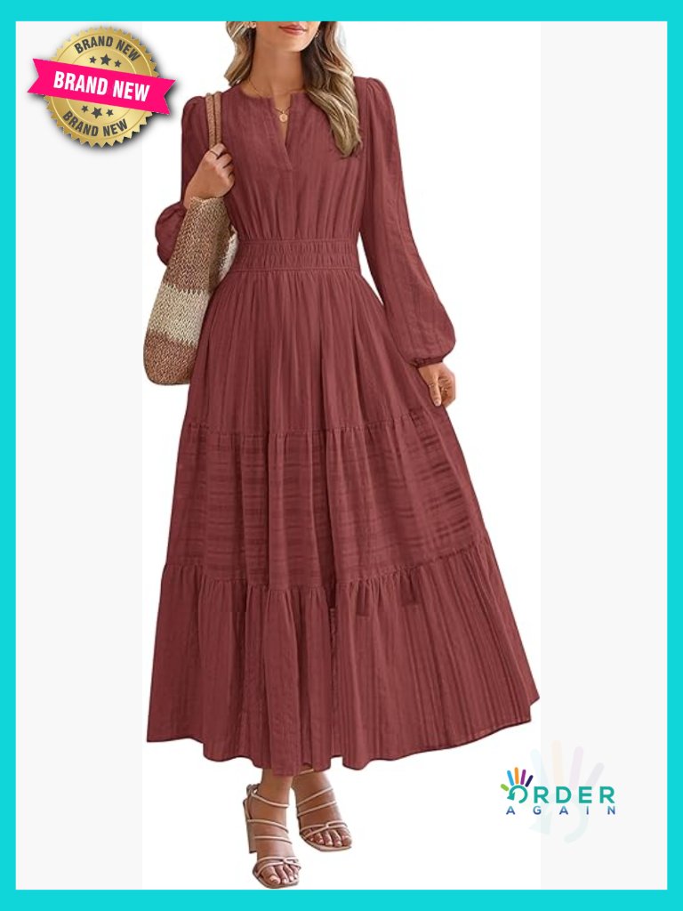 Casual Long Sleeve V Neck Maxi Dress With Pockets Elastic Waist Tiered Ruffle